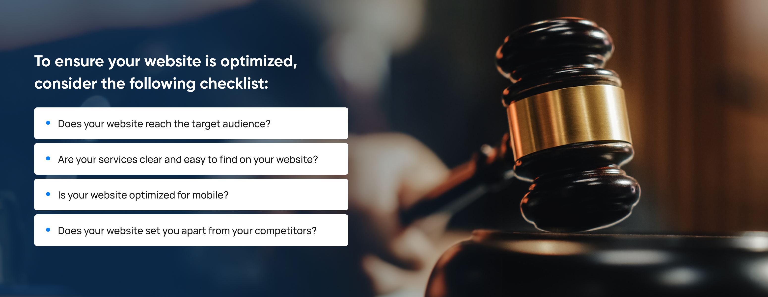 a gravel image overlaid with a checklist about what your website needs to be optimized. 