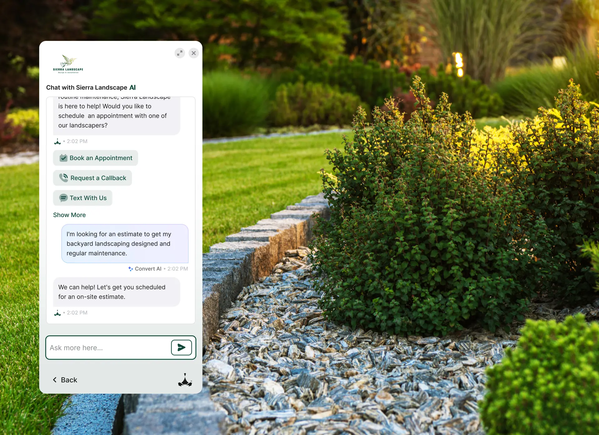 Chat window on landscaping website