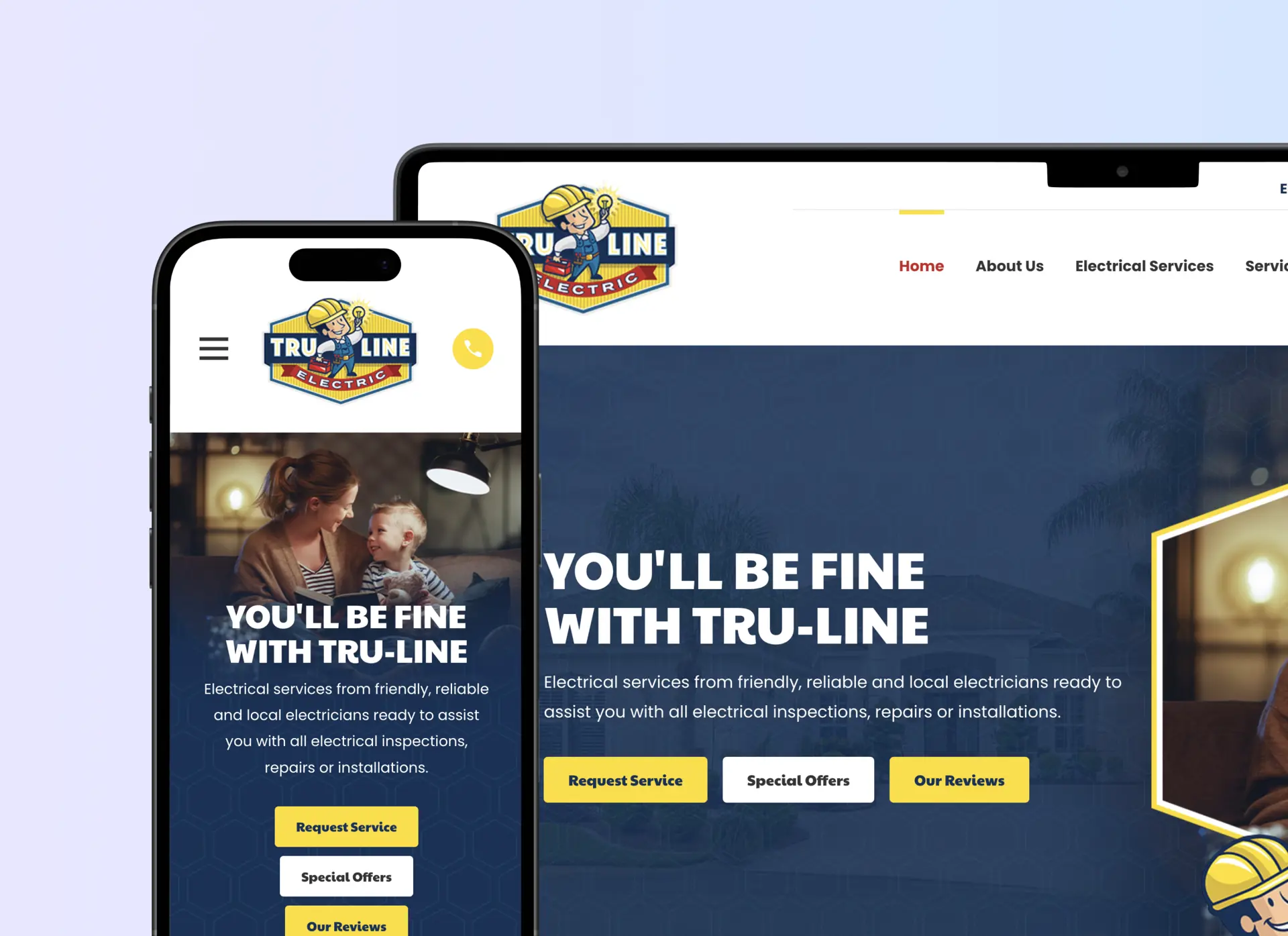 Tru-Line Electric website displayed on desktop and mobile.