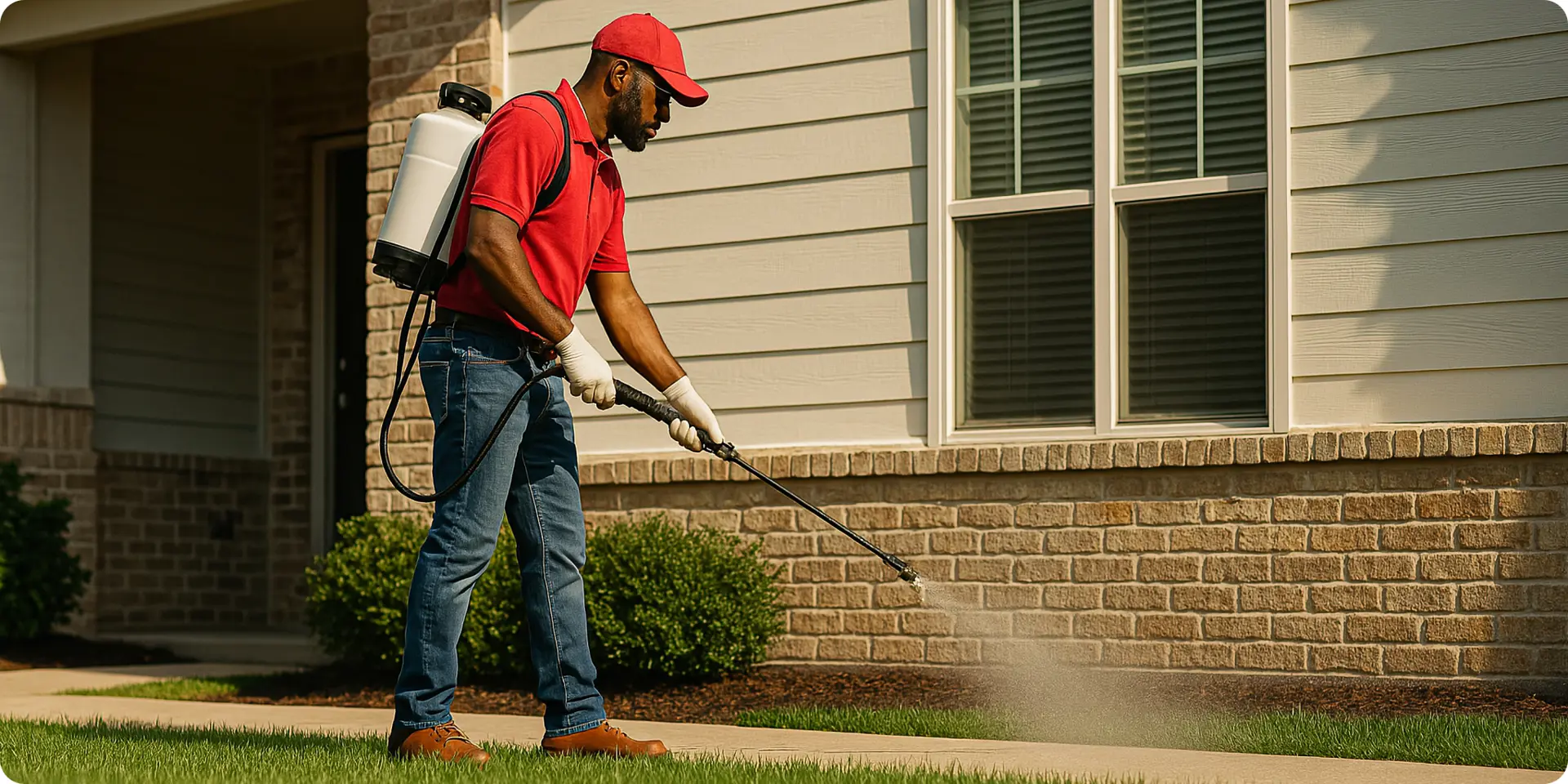 pest control technician spraying perimeter